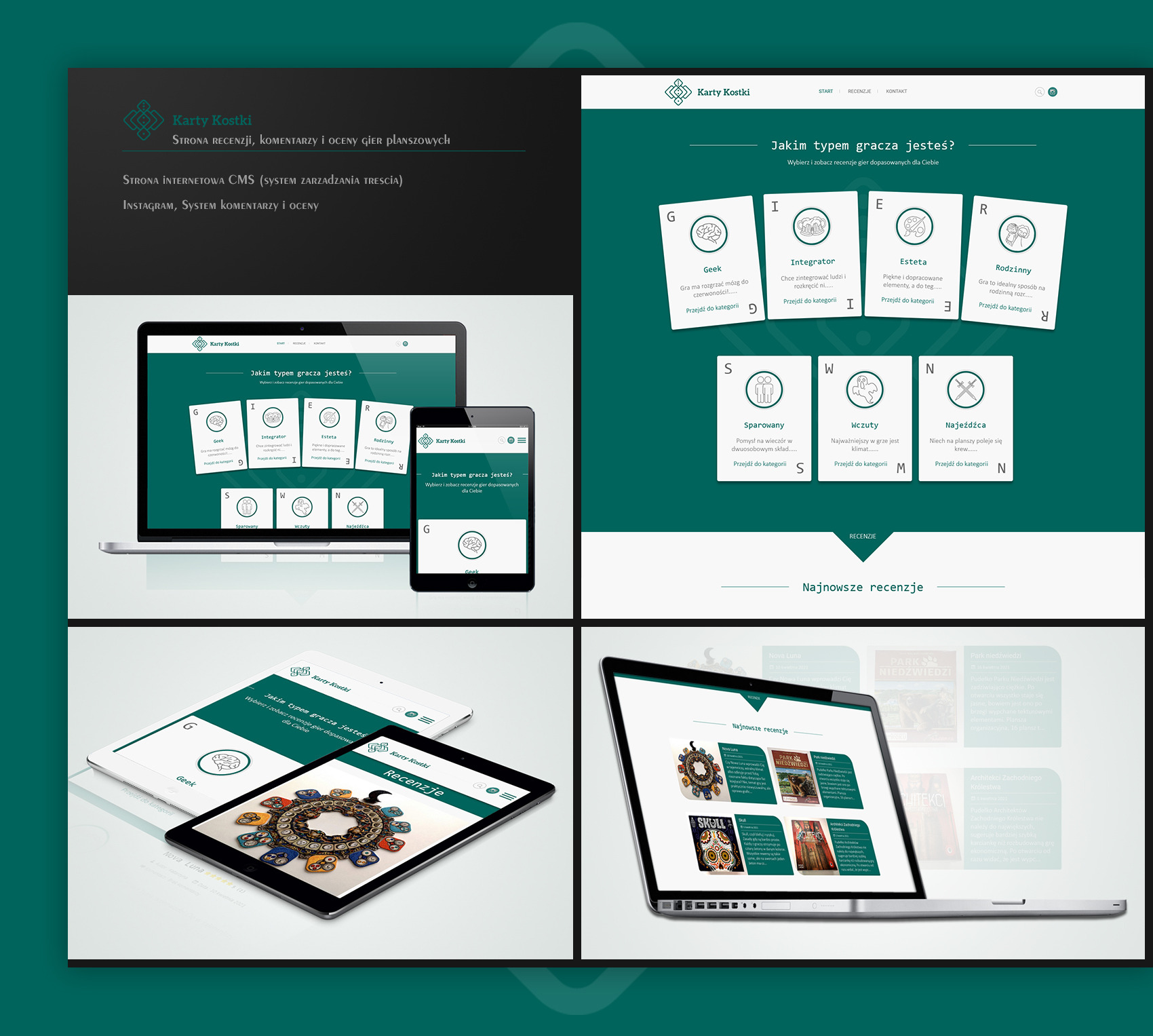 Prezentacja responsywnej strony internetowej na laptopie, tablecie i smartfonie, z interfejsem w odcieniach zieleni, prezentującej recenzje gier planszowych, z naciskiem na interaktywność i system...
