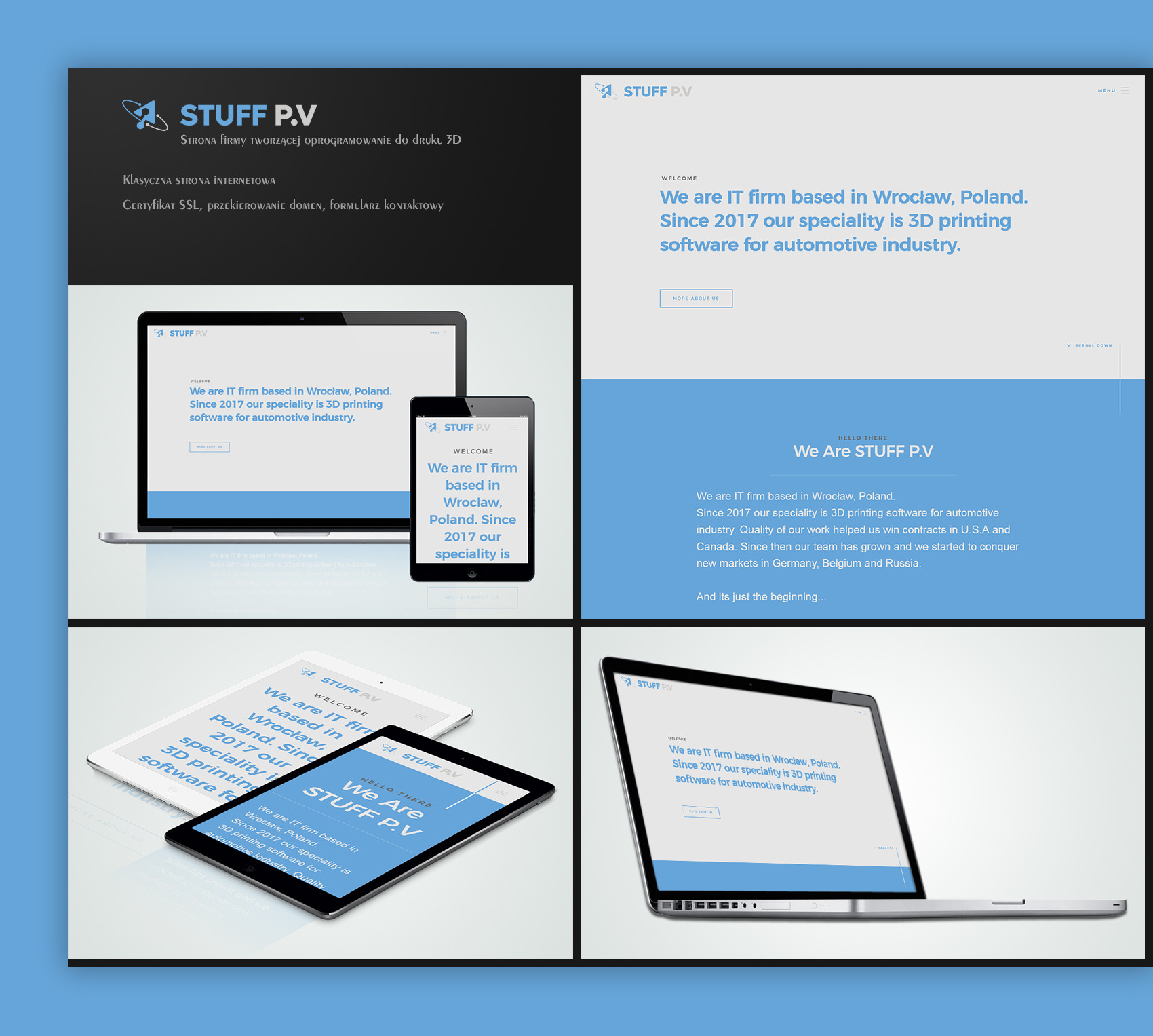 Responsywna strona internetowa firmy Stuff P.V. wyświetlana na laptopie, tablecie i smartfonie. Projekt strony zawiera informacje o firmie i jej specjalizacji w oprogramowaniu do druku 3D...