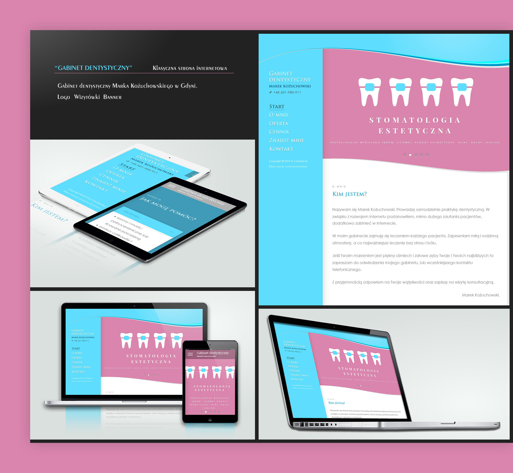 Prezentacja strony internetowej gabinetu dentystycznego na laptopie, tablecie i smartfonie, z widocznym logo i menu nawigacyjnym.