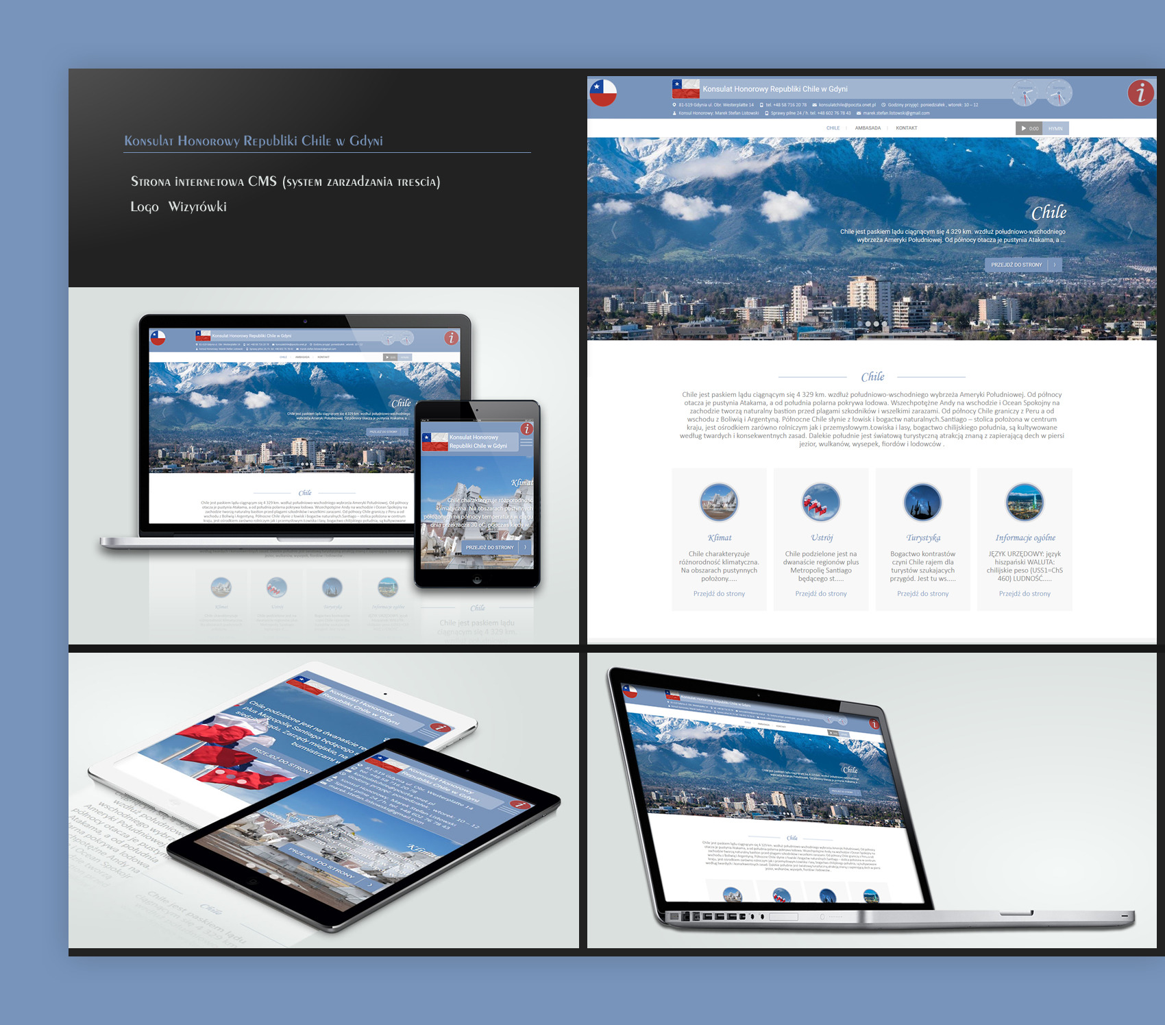 Responsywna strona internetowa Konsulatu Honorowego Republiki Chile w Gdyni, prezentowana na laptopie, tablecie i smartfonie z widokiem na góry i miasto w tle.