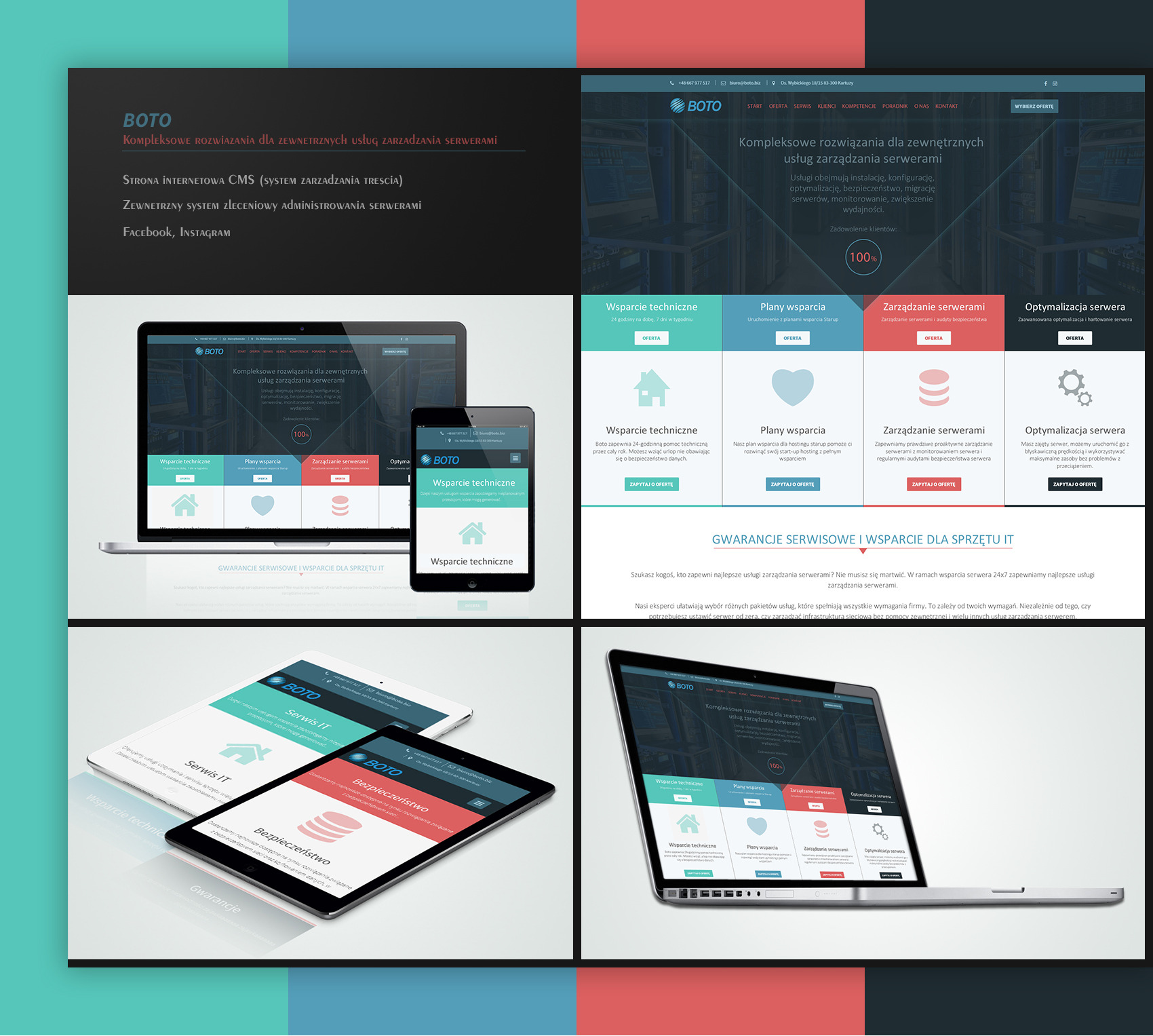 Prezentacja responsywnej strony internetowej na laptopie, tablecie i smartfonie, oferującej kompleksowe rozwiązania dla zewnętrznych usług zarządzania serwerami, z widocznymi sekcjami wsparcia...