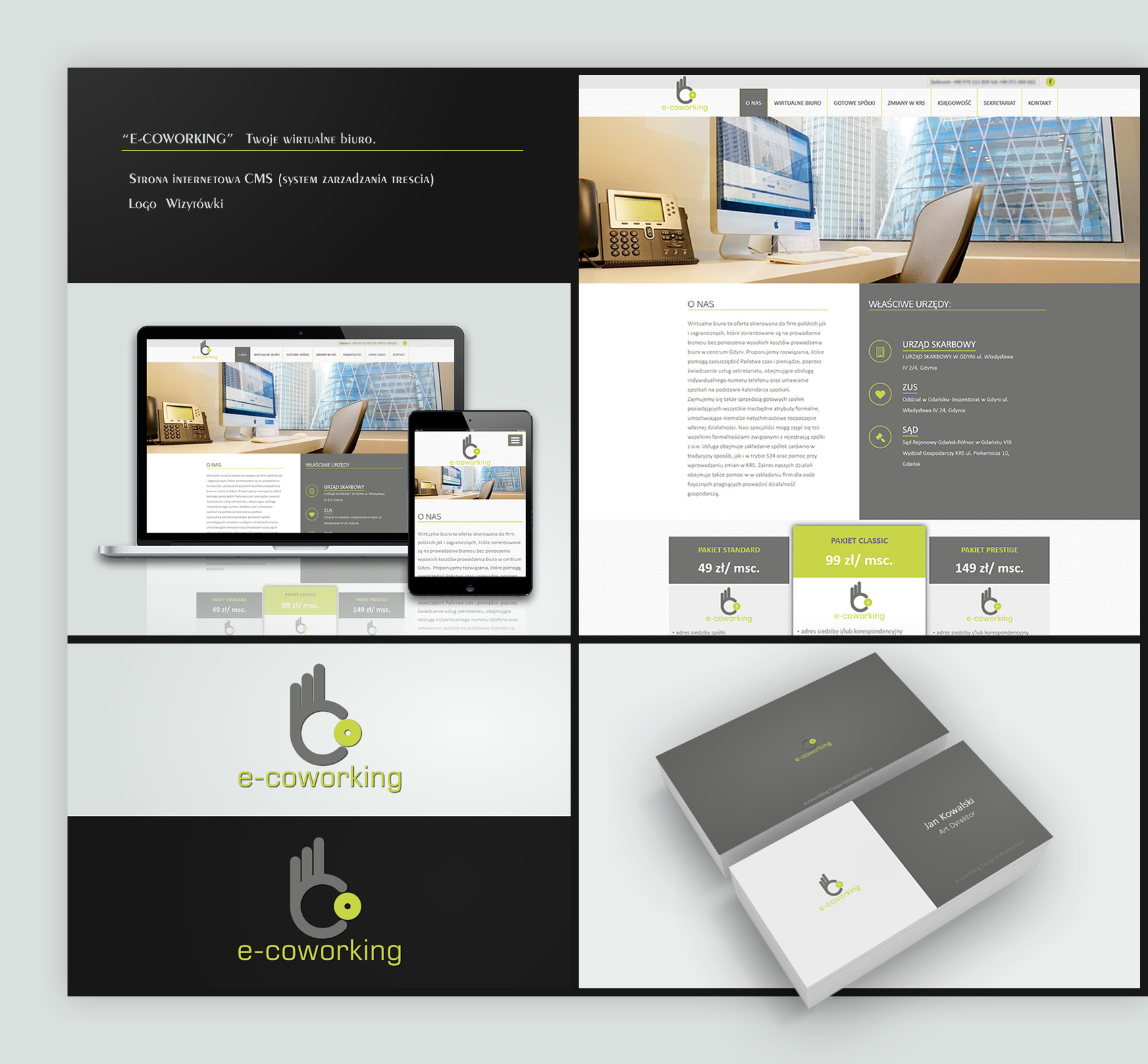 Projekt strony internetowej e-coworking na laptopie i smartfonie, prezentacja pakietów usług wirtualnego biura oraz wizytówki dyrektora artystycznego.