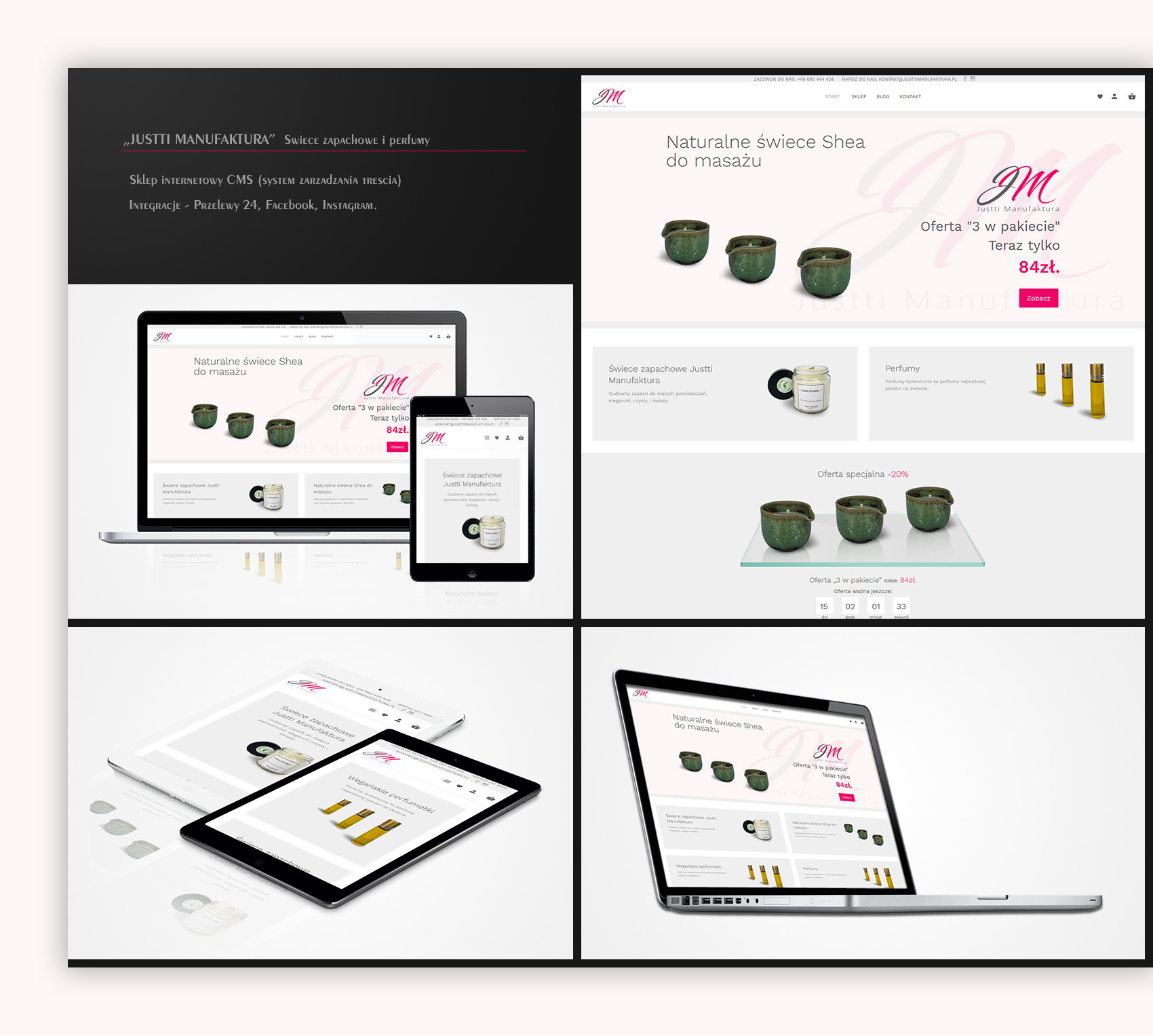 Kompozycja prezentująca responsywny sklep internetowy JUSTTI MANUFAKTURA z naturalnymi świecami zapachowymi i perfumami, widoczny na laptopie, tablecie i smartfonie, z akcentem na integracje...