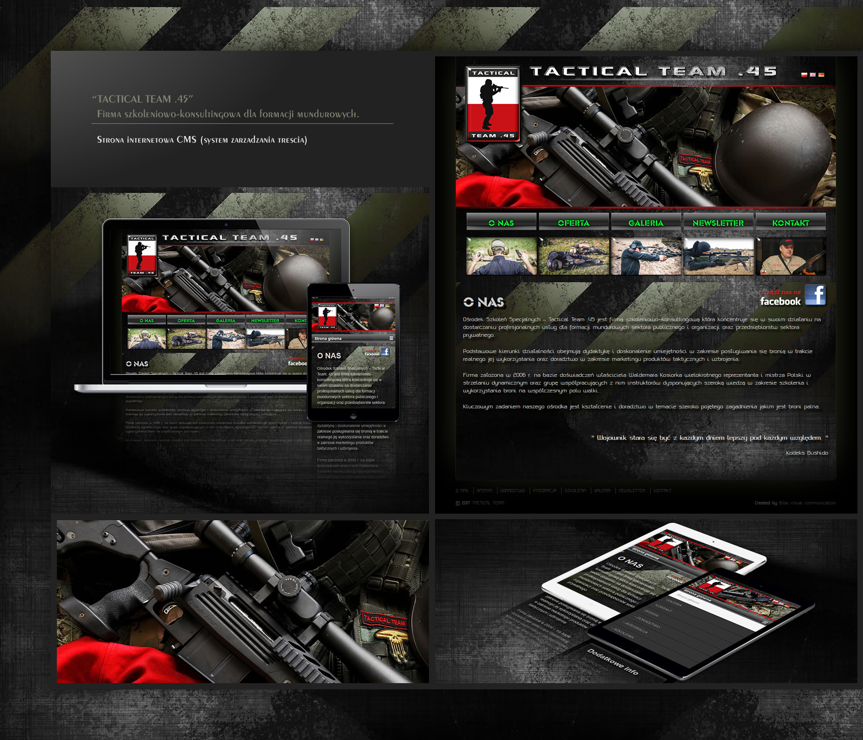Prezentacja strony internetowej firmy szkoleniowo-konsultingowej Tactical Team .45 na laptopie, tablecie i smartfonie, ukazująca responsywny design z motywami militarnymi i zdjęciami broni.