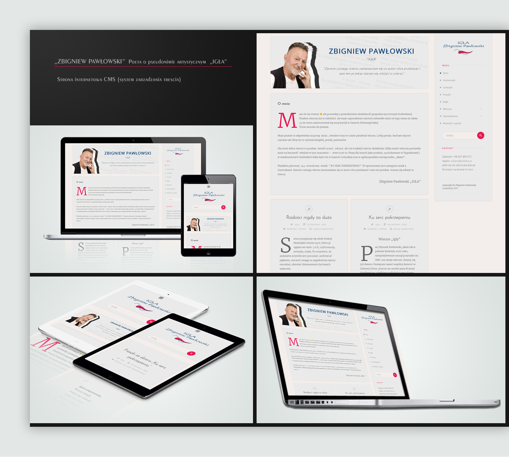 Prezentacja responsywnej strony internetowej poety Zbigniewa Pawłowskiego 'Igły' na laptopie, tablecie i smartfonie, ukazująca układ treści i interfejs użytkownika na różnych urządzeniach.