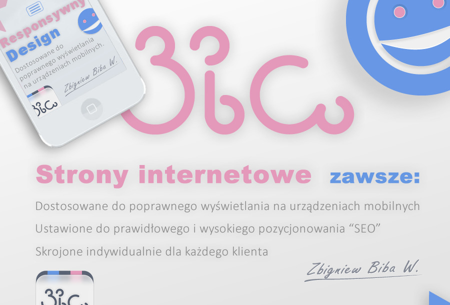 Grafika prezentująca responsywny design na smartfonie, z różowym logo firmy i hasłem 'Strony internetowe zawsze:' na białym tle.