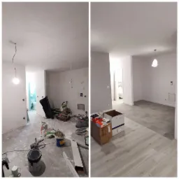 Porównanie stanu pokoju przed i po remoncie: surowy stan z narzędziami i materiałami budowlanymi kontra świeżo pomalowane ściany, nowa podłoga i minimalistyczne oświetlenie.