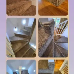 Kolaż zdjęć schodów z wykładziną dywanową w różnych ujęciach: z góry, z dołu i z boku. Widoczne detale wykończenia i oświetlenie schodów.