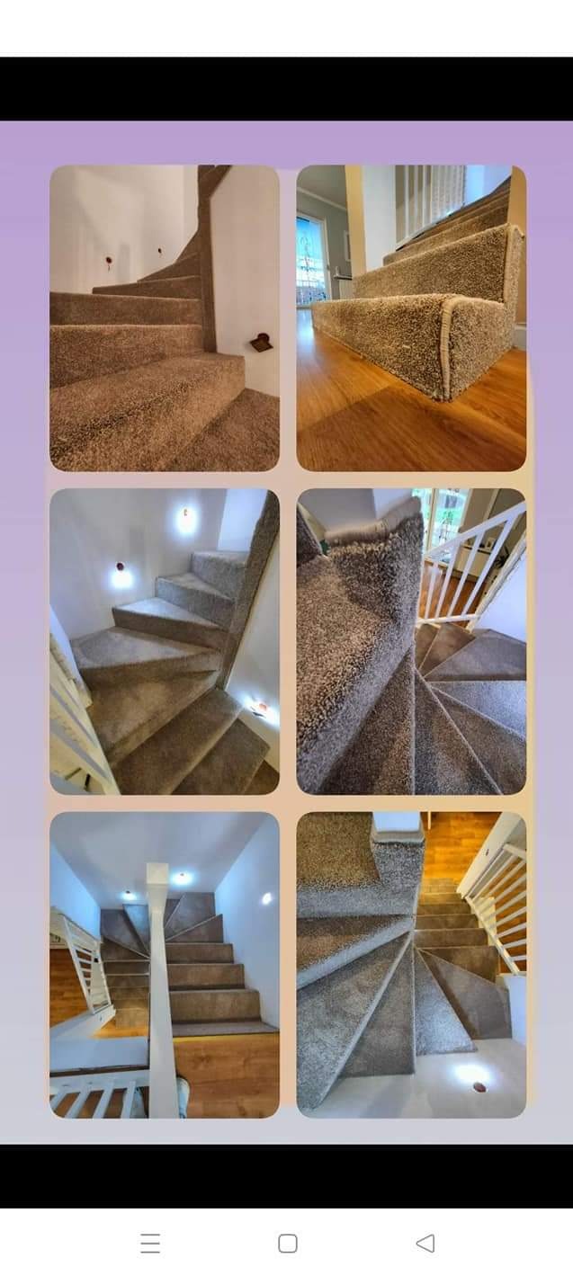 Kolaż zdjęć schodów z wykładziną dywanową w różnych ujęciach: z góry, z dołu i z boku. Widoczne detale wykończenia i oświetlenie schodów.