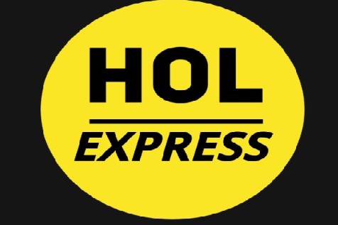 Żółte logo HOL EXPRESS z czarnym napisem na ciemnoszarym tle.