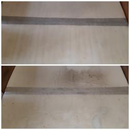 Prysk i Błysk - Dwa ujęcia tego samego materaca przed i po czyszczeniu, widoczne plamy i przebarwienia na górnym zdjęciu oraz jaśniejsza powierzchnia po czyszczeniu na dolnym zdjęciu.