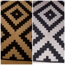 Dywan z geometrycznym wzorem przed i po czyszczeniu, widoczna różnica w odcieniu i usunięcie zabrudzeń.
