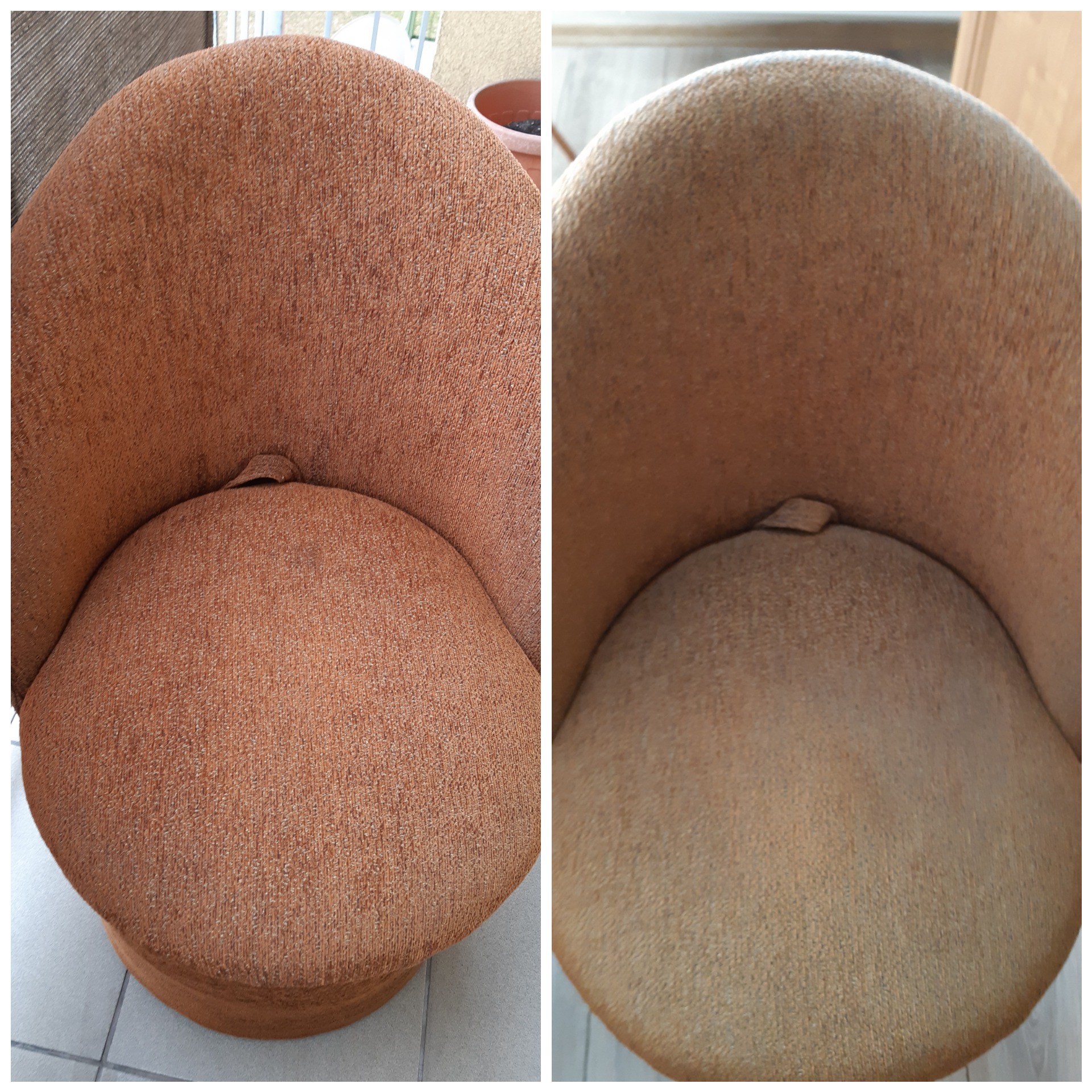 Porównanie fotela obrotowego z pomarańczową tapicerką przed i po czyszczeniu, widoczne różnice w kolorze i usunięcie zabrudzeń.
