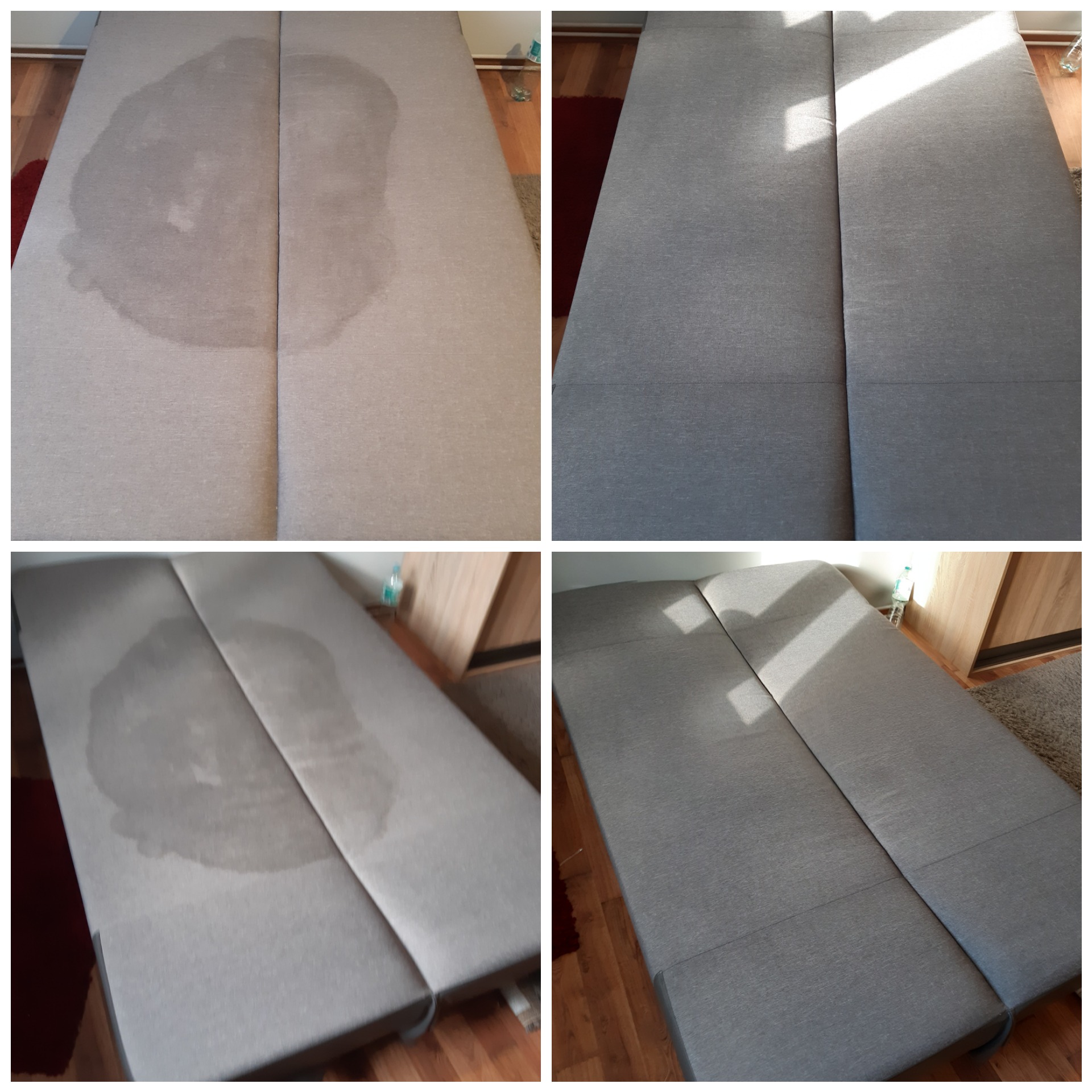Czteropanelowe zdjęcie porównujące stan kanapy przed i po praniu: po lewej widoczne duże, mokre plamy, po prawej - czysta, sucha tapicerka w promieniach słońca.