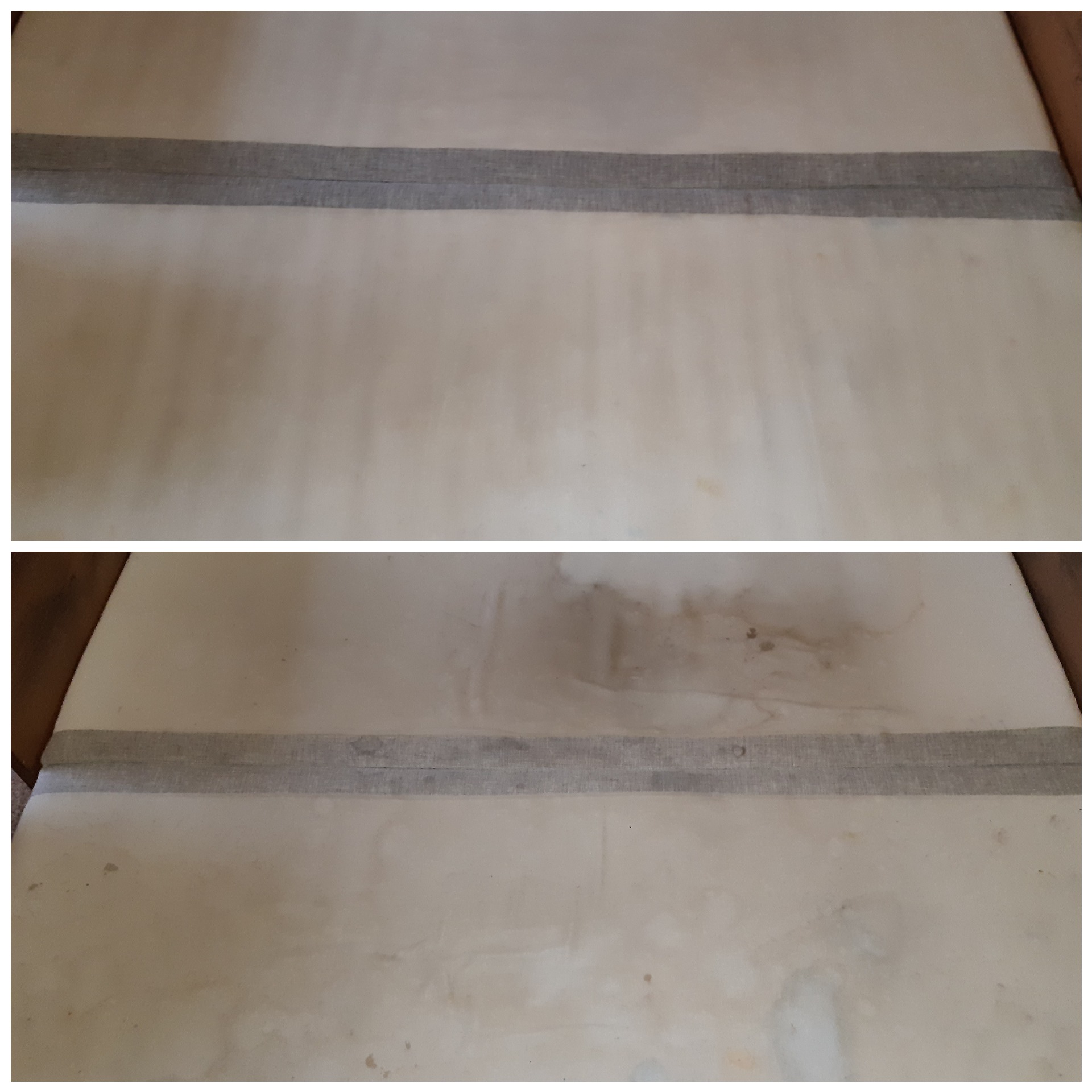 Dwa ujęcia tego samego materaca przed i po czyszczeniu, widoczne plamy i przebarwienia na górnym zdjęciu oraz jaśniejsza powierzchnia po czyszczeniu na dolnym zdjęciu.