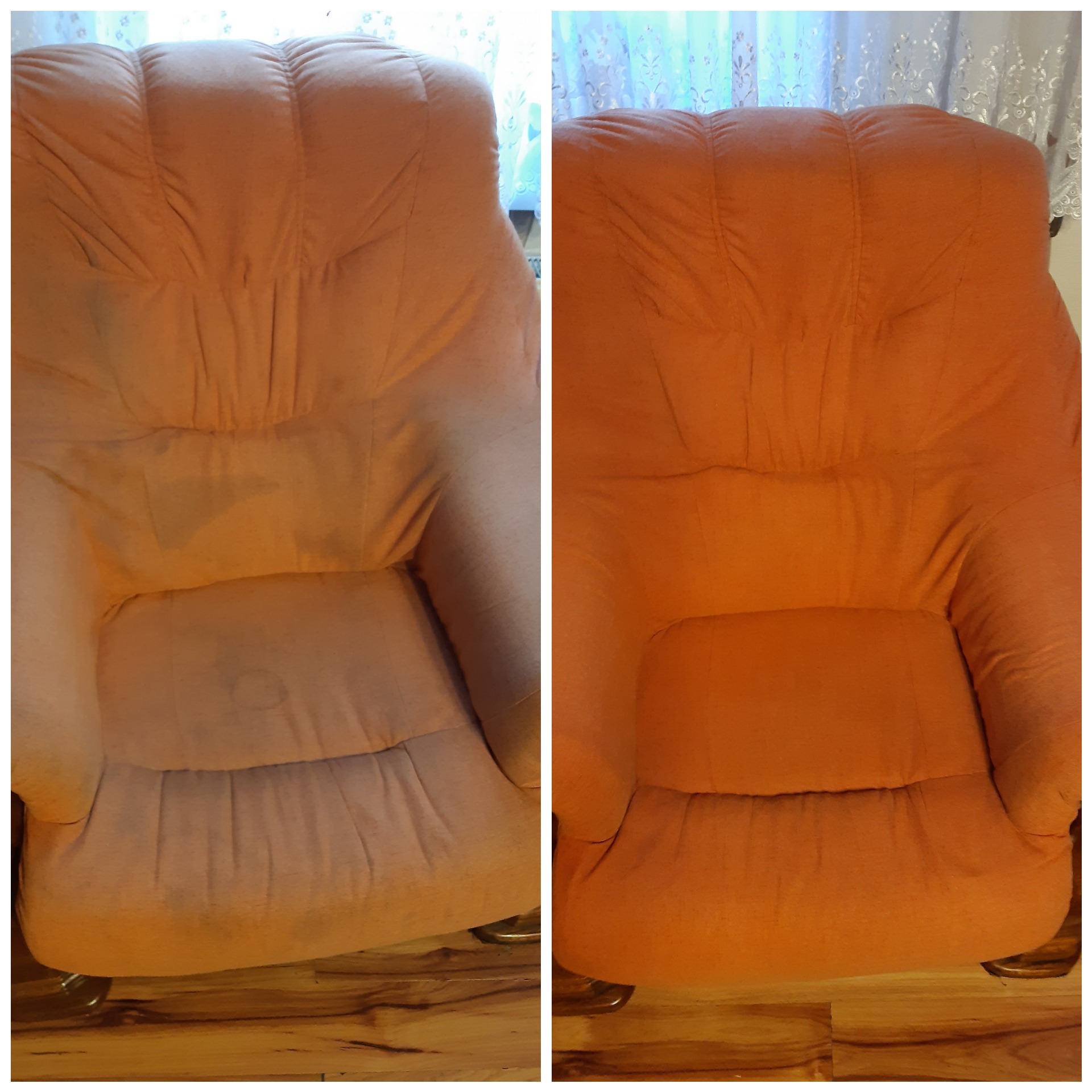 Pomarańczowy fotel z widoczną różnicą przed i po czyszczeniu tapicerki, ukazując usunięcie plam i zabrudzeń.