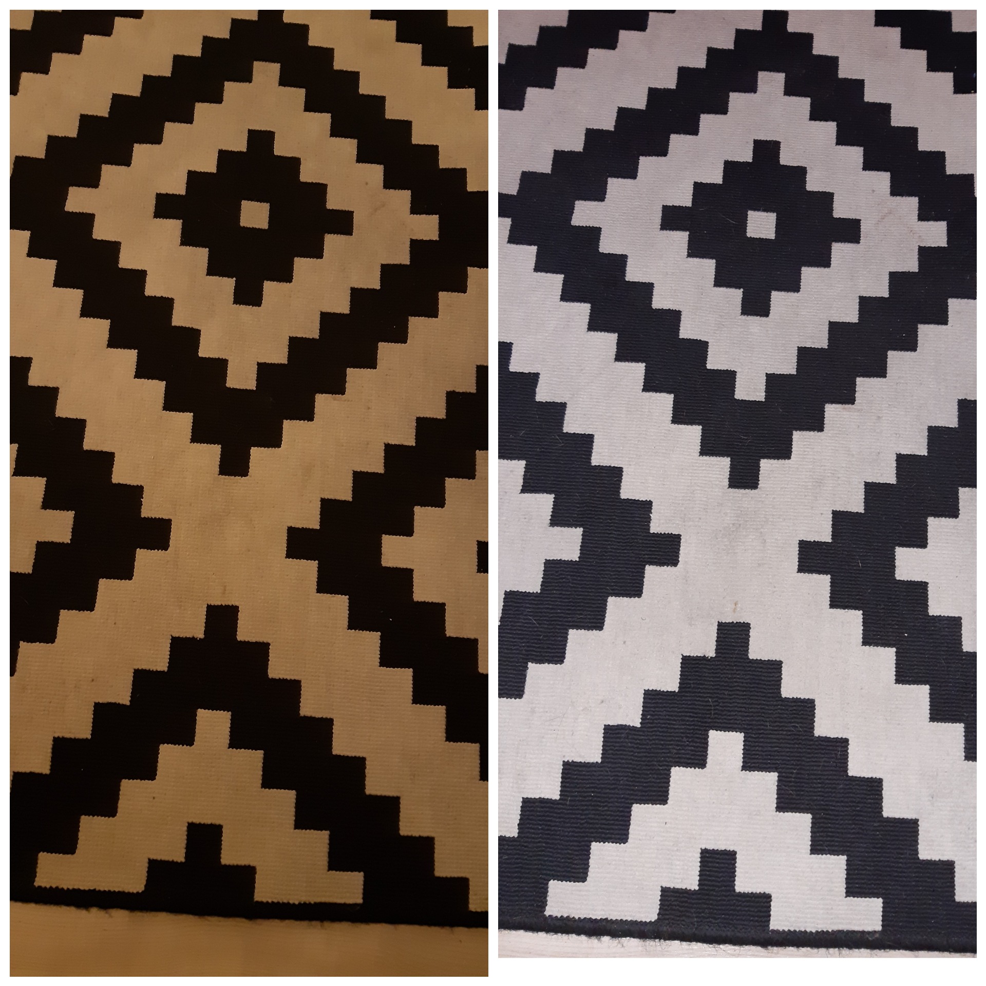 Dywan z geometrycznym wzorem przed i po czyszczeniu, widoczna różnica w odcieniu i usunięcie zabrudzeń.