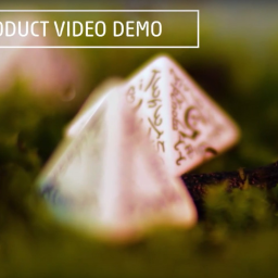 Szydzisz - Trzy białe, wielościenne kości do gry z wygrawerowanymi znakami, leżące na mchu, z napisem 'PRODUCT VIDEO DEMO' u góry.