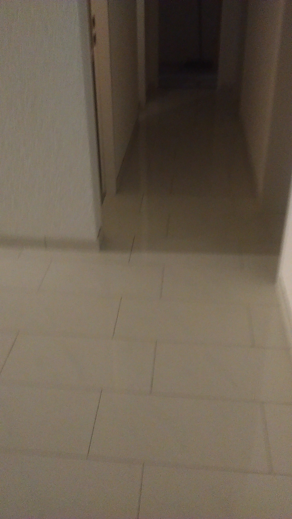 Beżowe płytki podłogowe w korytarzu, widoczne fugi, drzwi po lewej stronie, ciemne przejście w głębi.