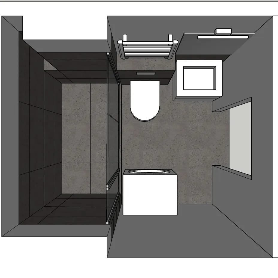 Wizualizacja 3D łazienki z kabiną prysznicową, toaletą, umywalką i grzejnikiem drabinkowym. Ujęcie z góry, dominują szarości i biel, minimalistyczny design.