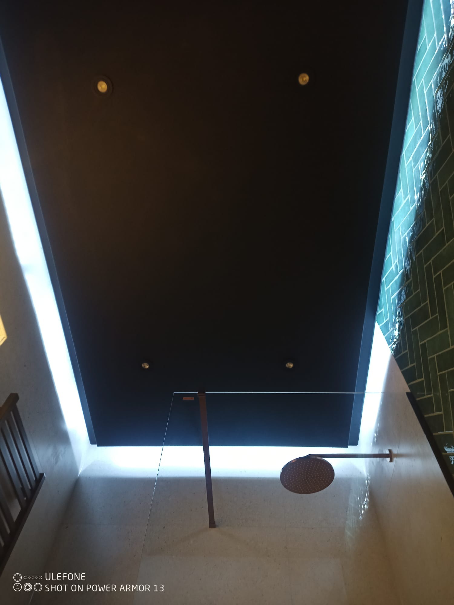 Nowoczesna łazienka z czarnym sufitem podwieszanym, oświetleniem LED i kabiną prysznicową typu walk-in z deszczownicą. Ściana wyłożona zieloną, wzorzystą glazurą.