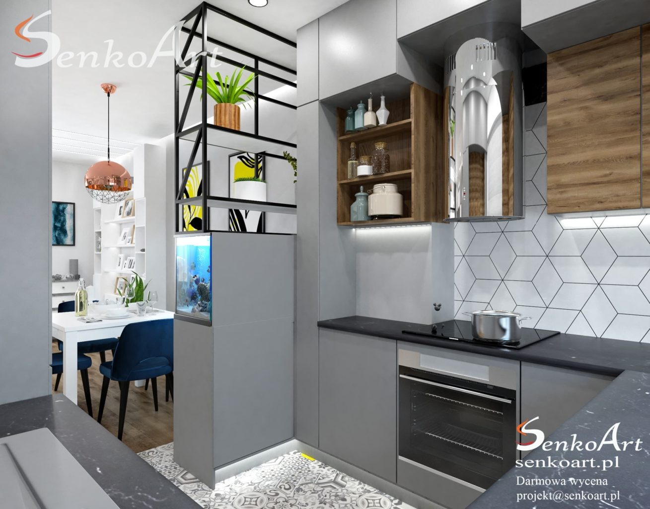 Nowoczesna kuchnia z akwarium w zabudowie, szare szafki, białe heksagonalne płytki, drewniane akcenty, wisząca lampa miedziana nad stołem w jadalni, widoczne logo SenkoArt.