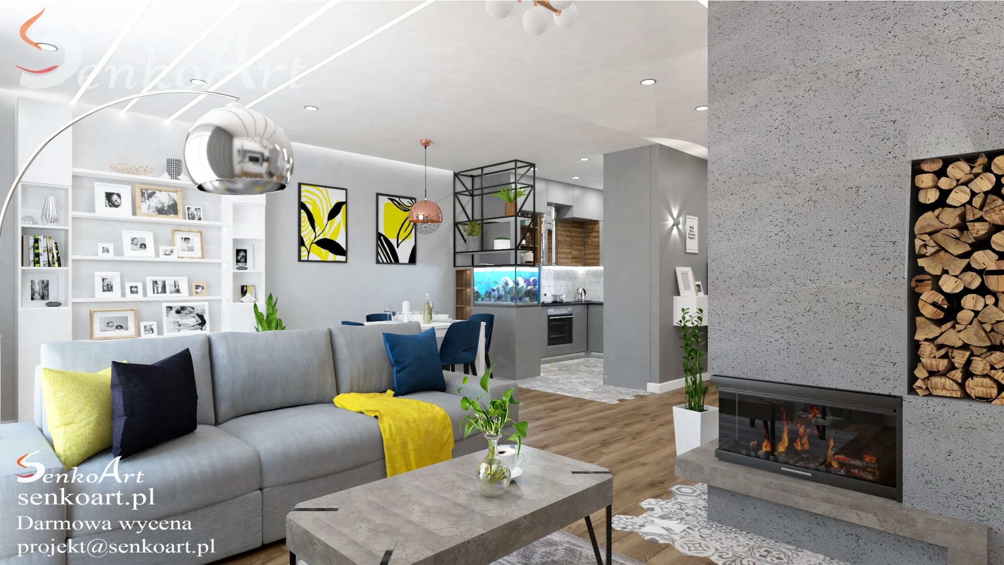 Wizualizacja salonu z szarym narożnikiem, żółtymi akcentami, regałem z pamiątkami, akwarium w tle i kominkiem z drewnem obok