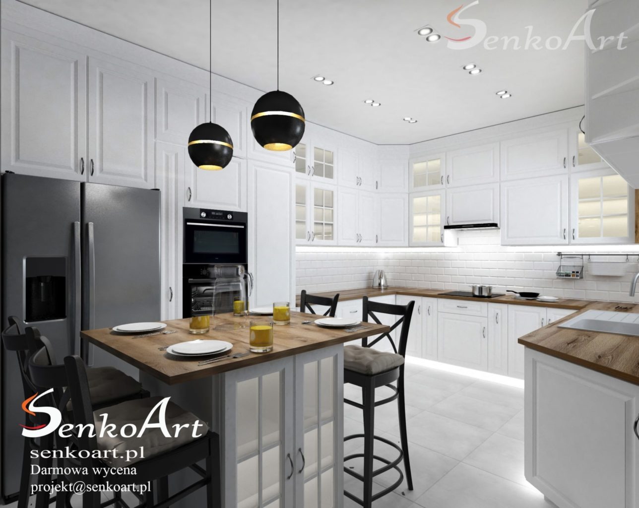 Wizualizacja 3D kuchni w stylu nowoczesnym z białymi szafkami, drewnianym blatem, wyspą z hokerami oraz czarnymi lampami wiszącymi.
