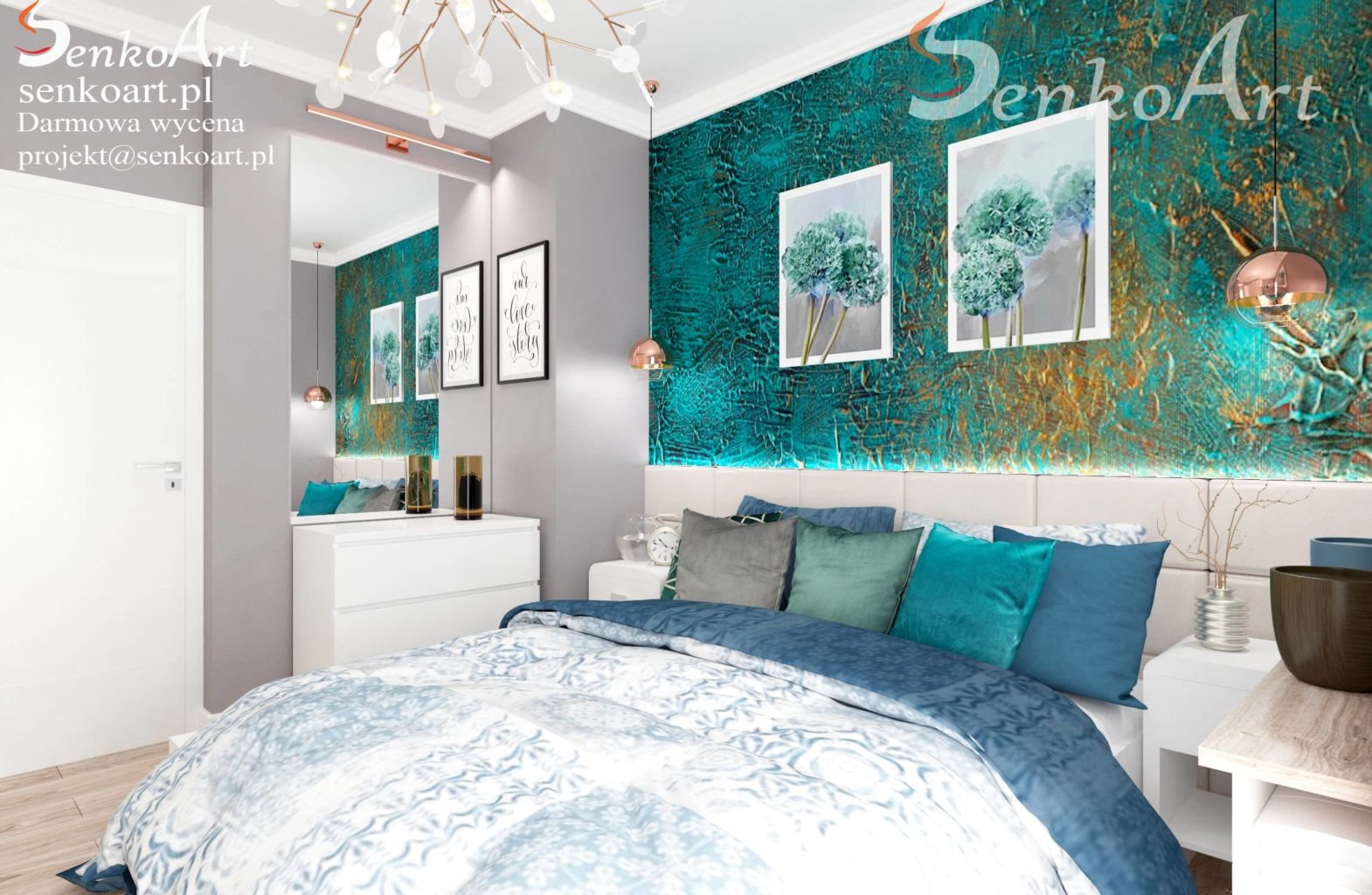 Sypialnia z turkusową ścianą o fakturze i obrazami kwiatów, oświetleniem LED za zagłówkiem, lustrem odbijającym część pokoju, oraz łóżkiem z niebieską pościelą w kwiatowy wzór. Widoczny również...