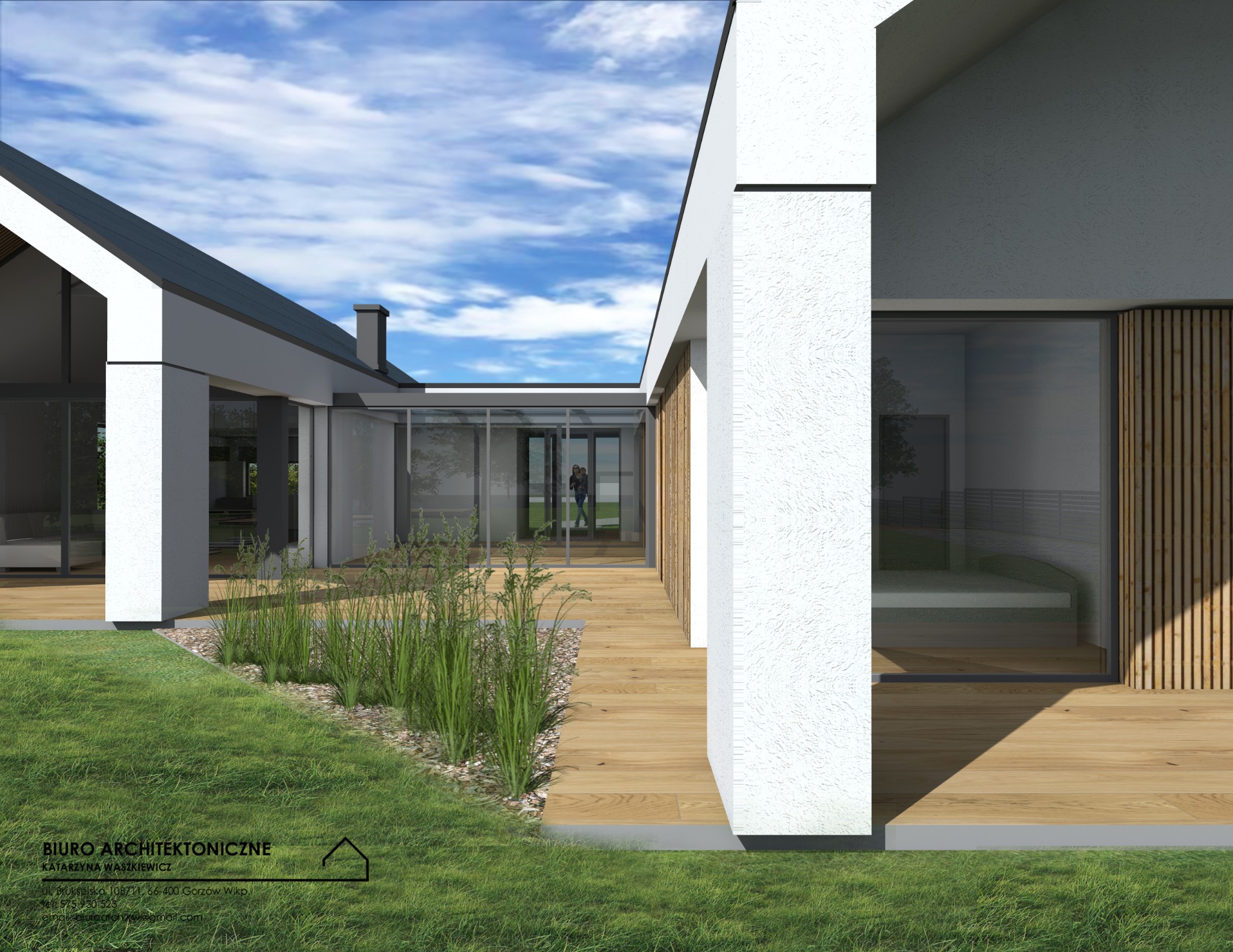 Wizualizacja projektu indywidualnego domu jednorodzinnego z drewnianym tarasem, dużymi przeszkleniami i minimalistyczną elewacją w kolorze białym, otoczonego zielenią i trawami ozdobnymi.