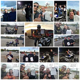 Kolaż zdjęć z osobami trzymającymi dokumenty i pokazującymi kciuki w górę, często z motocyklami w tle, niektóre zdjęcia zawierają dymki z tekstem.