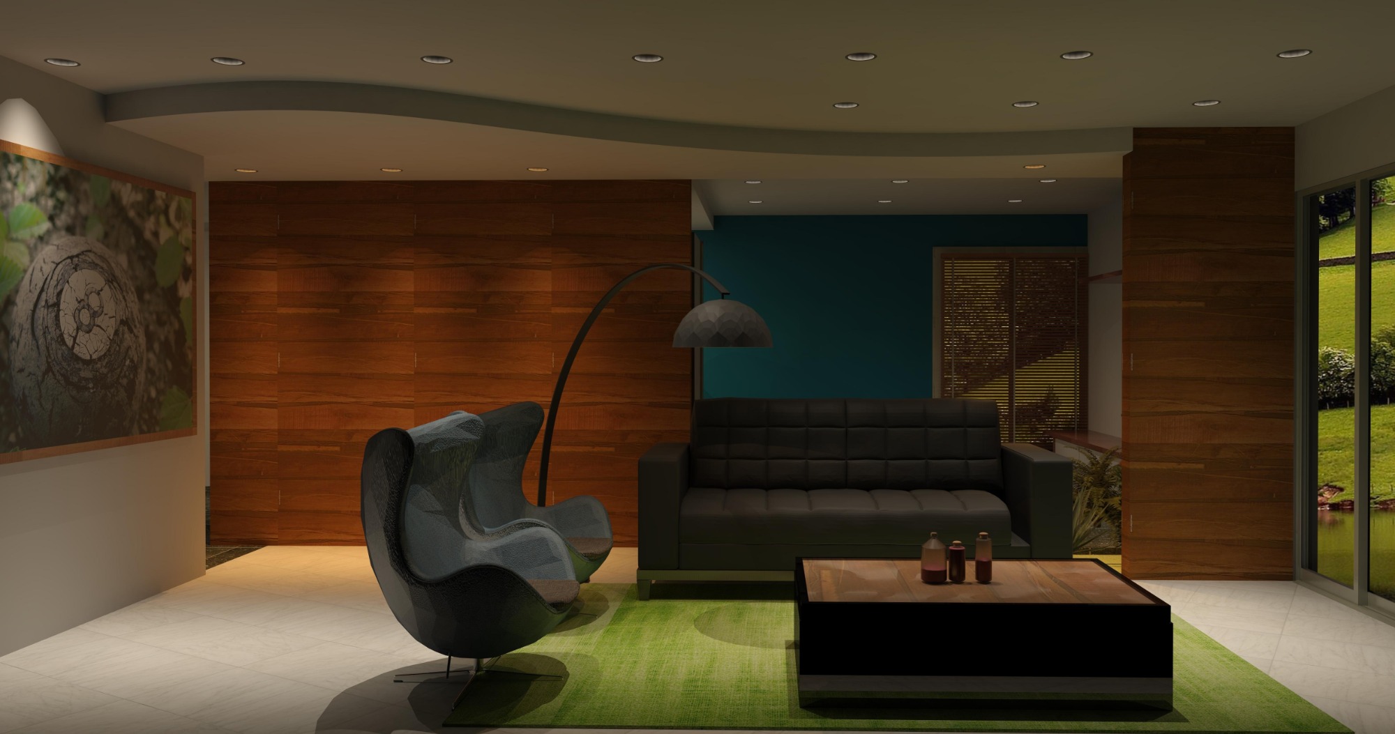 Wizualizacja wnętrza salonu z drewnianą ścianą, nowoczesnym fotelem i sofą, oświetlonego punktowymi lampami sufitowymi i lampą podłogową.