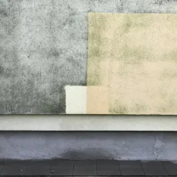 Fragment ściany budynku z widocznymi śladami zabrudzeń i mchu na elewacji, z częściowo odnowioną powierzchnią i różnymi warstwami wykończenia, ukazujący kontrast między czystą a zabrudzoną elewacją.