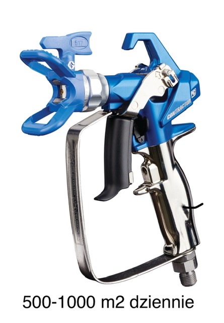 Profesjonalny pistolet natryskowy do malowania, model Contractor PC, w kolorze niebiesko-srebrnym, z dyszą 517, przeznaczony do malowania powierzchni 500-1000 m2 dziennie.
