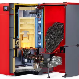 Przekrój kotła na paliwo stałe z widocznymi elementami wewnętrznymi: zasobnik z czarnym węglem, palenisko z płomieniem, podajnik ślimakowy, sterownik elektroniczny oraz izolacja termiczna.