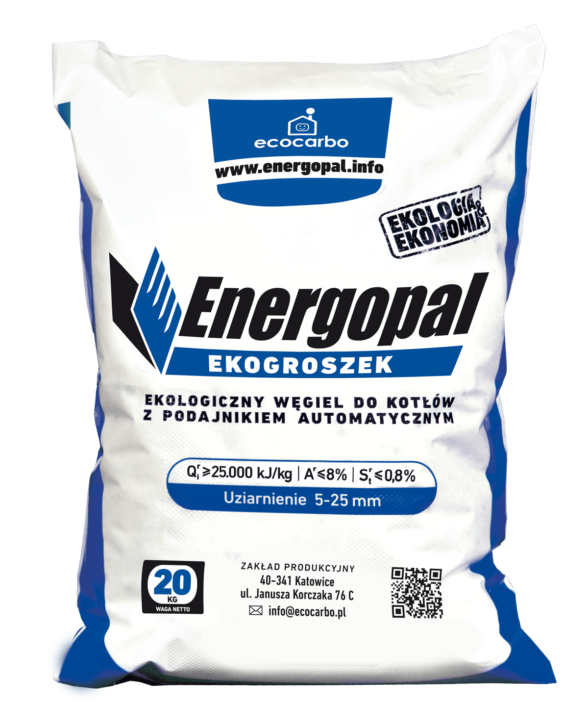 Worek z białego tworzywa sztucznego z nadrukiem nazwy marki 'Energopal' i informacjami o produkcie, w tym wadze netto 20 kg, na ciemnym tle.