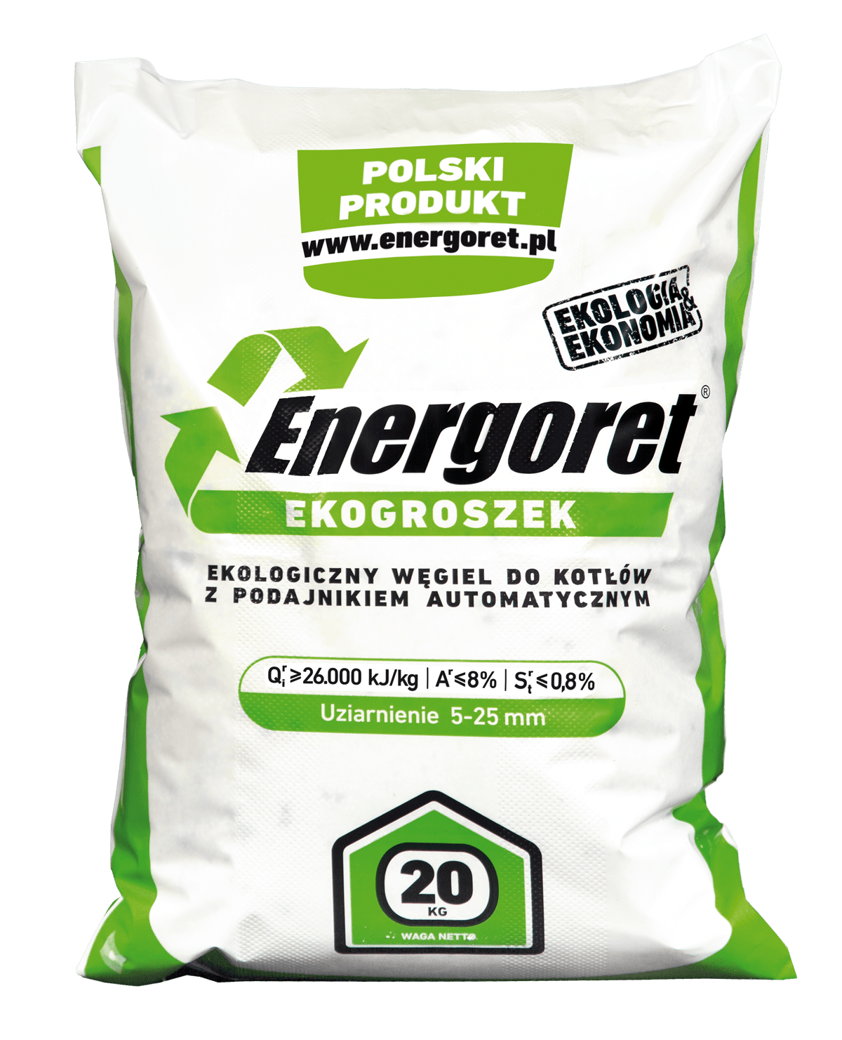 Worek z białego tworzywa z nadrukiem w zieleni i czerni, prezentujący produkt do kotłów z podajnikiem automatycznym, z informacją o wadze 20 kg oraz certyfikatem ekologii.