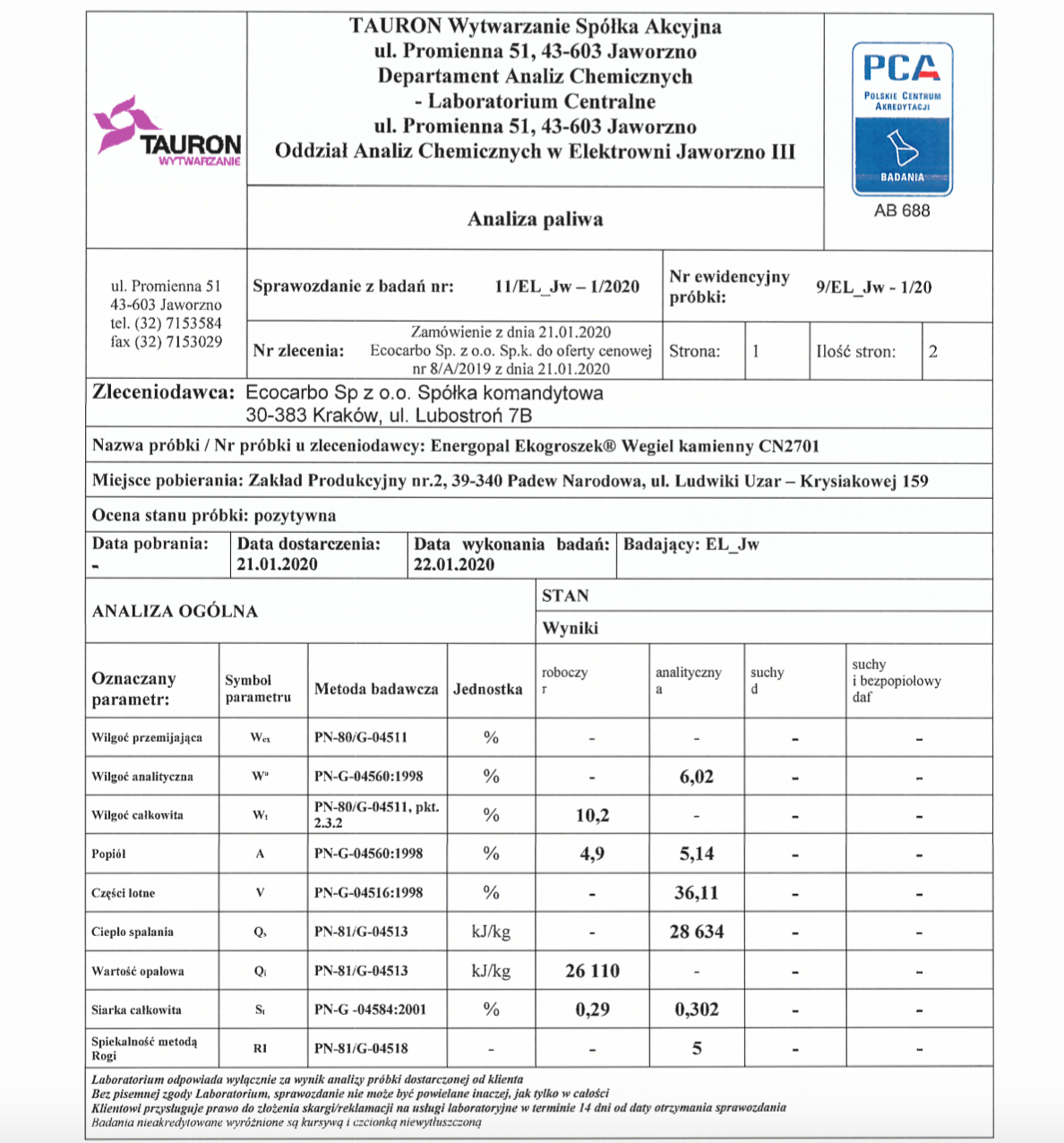 Skan sprawozdania z analizy paliwa, dokument firmowy z wynikami badań laboratoryjnych węgla kamiennego, zawierający dane techniczne i parametry jakościowe.