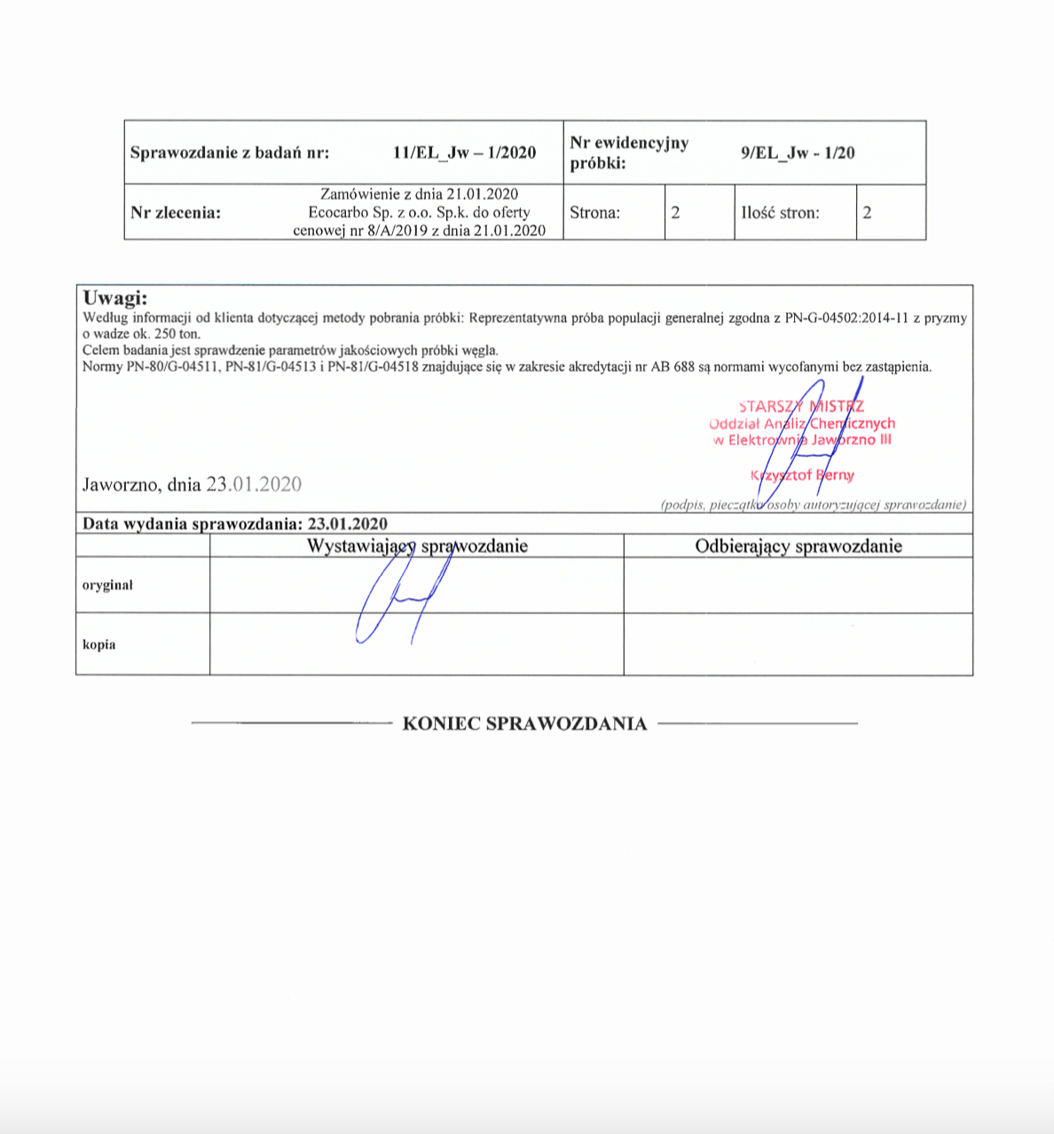 Skan sprawozdania z badań próbki węgla, z pieczątką i podpisem, datowany na 23.01.2020, zawierający informacje o numerze zlecenia i normach akredytacji.