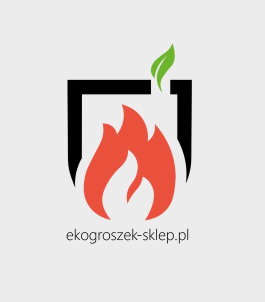Graficzne logo sklepu internetowego z opałem: czarny obrys kominka z płomieniem i zielonym listkiem, adres strony ekogroszek-sklep.pl