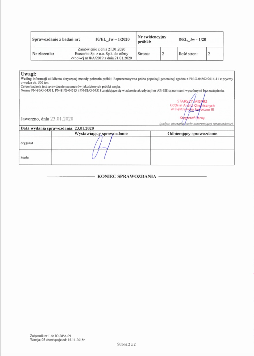 Skan dokumentu - Sprawozdanie z badań próbki węgla z pieczątką i podpisem, datowane na 23.01.2020, zawierające informacje o parametrach jakościowych oraz odniesienia do norm.