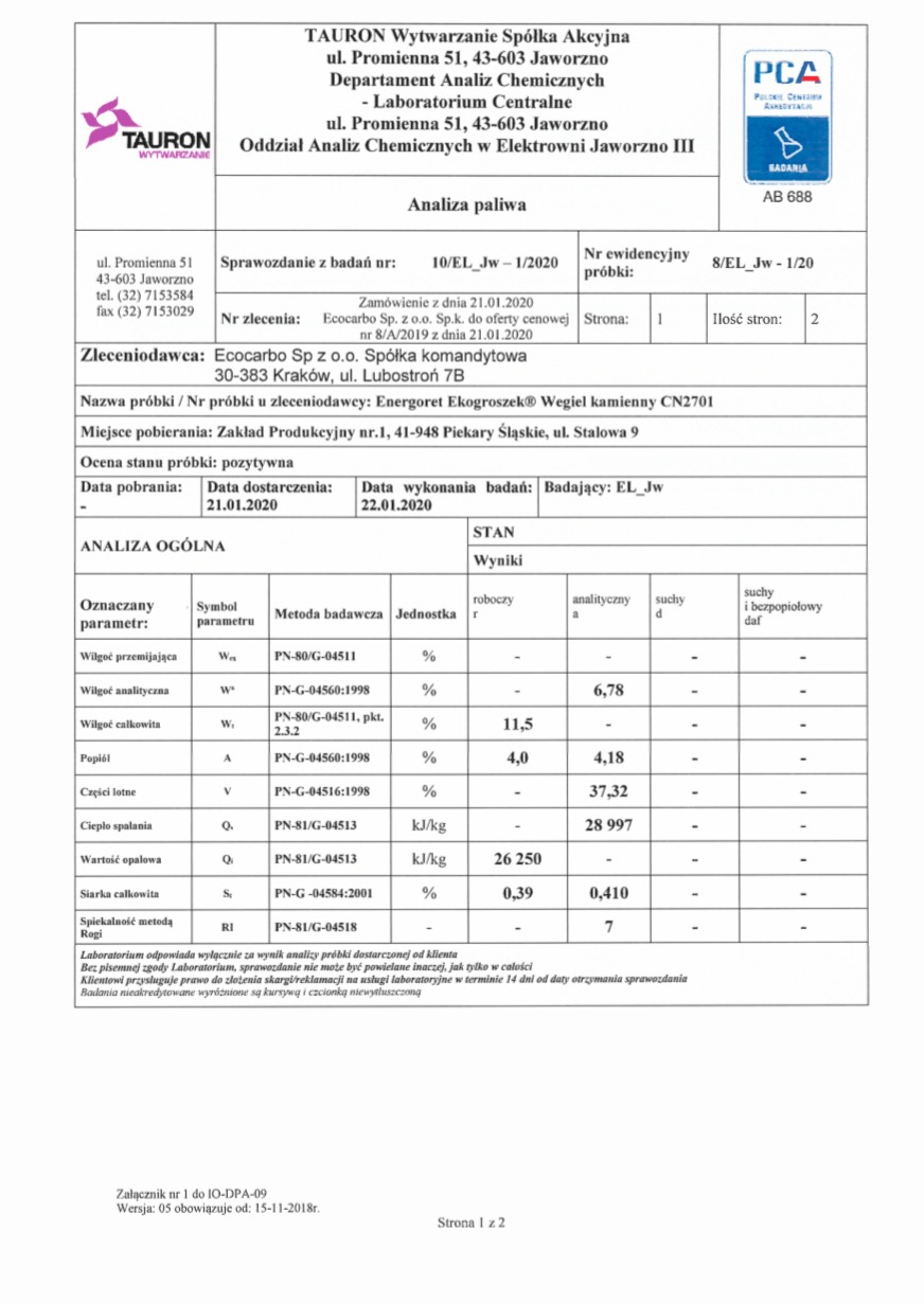Skan dokumentu: Sprawozdanie z badań paliwa, analiza ekogroszku Energoret CN2701, z wynikami laboratoryjnymi wilgotności, popiołu, ciepła spalania, siarki całkowitej, wykonane przez Tauron...