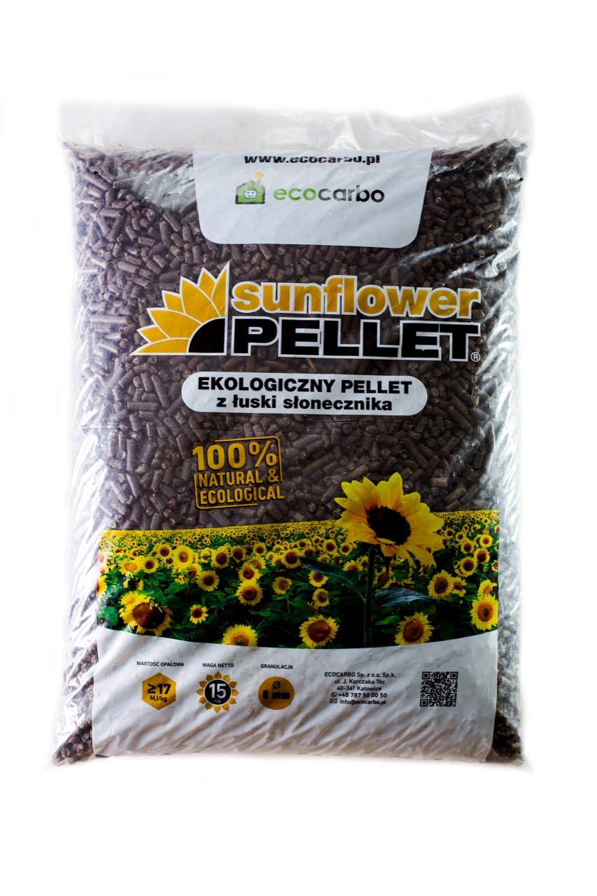 Worek z pelletem ze słonecznika, widoczny napis Sunflower Pellet oraz pole słoneczników w dolnej części opakowania.
