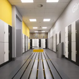 Długi korytarz z rzędami szafek w szatni, utrzymanych w odcieniach szarości, bieli i czerni, z żółtym akcentem na ścianie i ławkach, oraz napisem motywacyjnym na końcu korytarza.