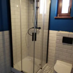 Nowoczesna kabina prysznicowa z czarnymi profilami, biała ceramika łazienkowa, białe kafelki typu metro na ścianach do połowy wysokości, niebieska pomalowana ściana powyżej, okno z drewnianą ramą...