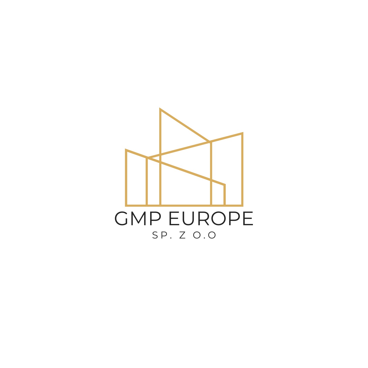Minimalistyczne logo firmy GMP Europe Sp. z o.o. przedstawiające abstrakcyjny, geometryczny zarys budynku w kolorze złotym na białym tle.
