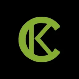 Zielone logo w kształcie litery K wpisanej w okrąg, na czarnym tle.