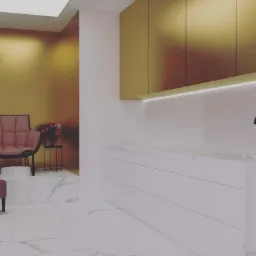 Wizualizacja łazienki z złotymi szafkami, marmurowym blatem, czarną armaturą i różowym fotelem w tle.