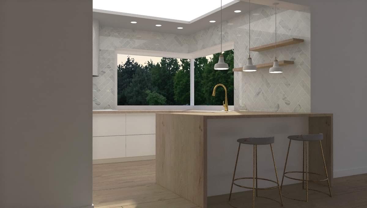 Wizualizacja nowoczesnej kuchni z wyspą, dwoma hokerami, białymi szafkami, marmurową mozaiką na ścianie i widokiem na zieleń za oknem.