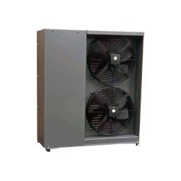 MWer & Co Sp. z o.o. - Szara, zewnętrzna jednostka z dwoma wentylatorami, prawdopodobnie systemu grzewczego lub chłodniczego, widoczna z przodu na białym tle.